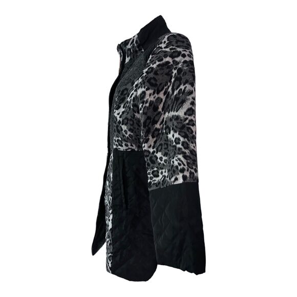 Midnight Velvet Quilted Mixed Media Gray Black Leopard Thigh Length Jacket - Picture 4 of 15